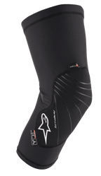 Alpinestars Paragon Lite Knee Protector, czarne, lekkie ochraniacze na kolana o konstrukcji z teksturowanej siateczki, białe logo, szare linie designu, wsuwana konstrukcja, z metkami CE Level 1 i Polygiene, przeznaczone do MTB i jazdy terenowej