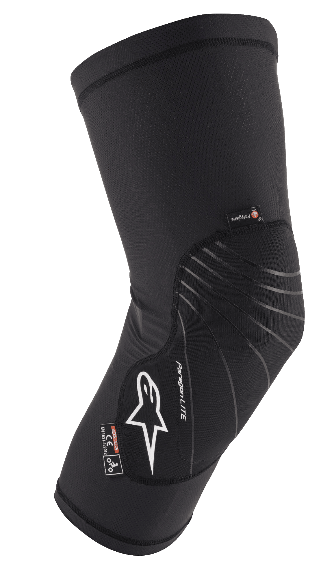 Alpinestars Paragon Lite Knee Protector, czarne, lekkie ochraniacze na kolana o konstrukcji z teksturowanej siateczki, białe logo, szare linie designu, wsuwana konstrukcja, z metkami CE Level 1 i Polygiene, przeznaczone do MTB i jazdy terenowej
