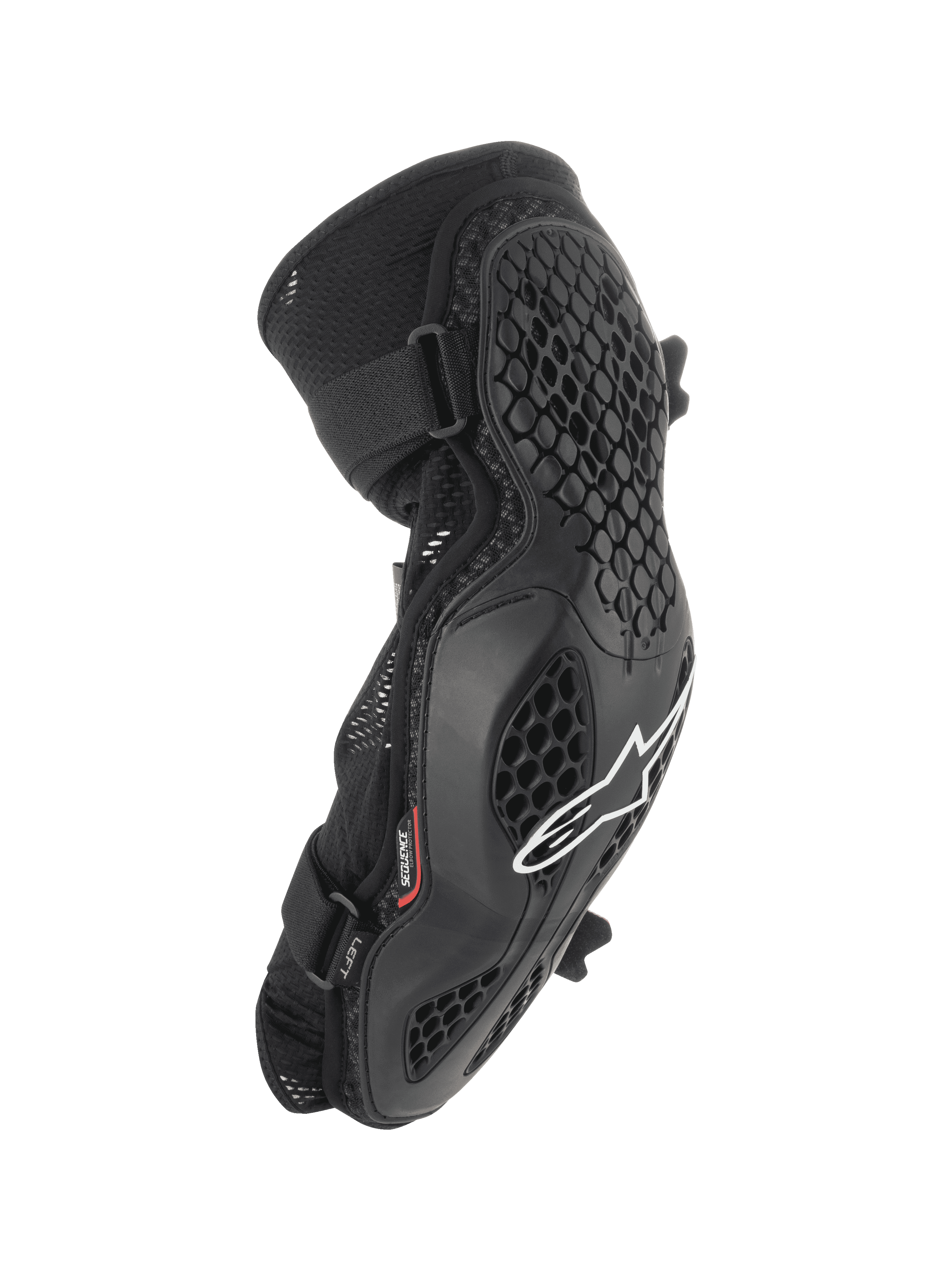 Ochraniacze na łokcie Alpinestars Bionic Pro, ochraniacze łokci MTB, czarne z białym logo, struktura plastra miodu, oddychająca siatkowa konstrukcja, podwójne regulowane paski, ergonomiczny design do jazdy off-road i kolarstwa górskiego