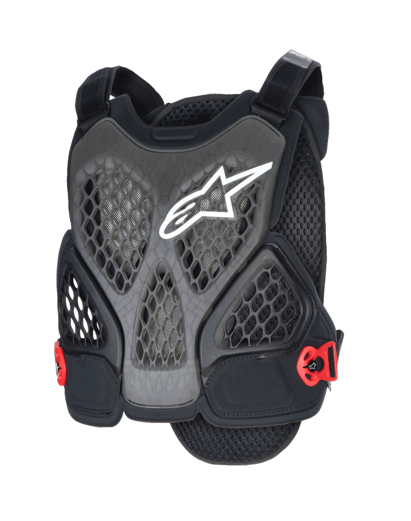 Alpinestars A-6 Plasma Chest Protector, ochraniacz klatki piersiowej MTB, czarny, antracytowy i czerwony, białe logo gwiazdy, perforowane panele z siatki o strukturze plastra miodu zapewniające wentylację, czerwone boczne klamry i regulowane paski na ramiona, zaprojektowany do ochrony w jeździe terenowej i grawitacyjnej MTB