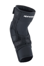 Ochraniacze kolan Alpinestars A-Impact Plasma Elite Shield, sprzęt ochronny MTB, czarne z białym logo, wstępnie zakrzywiona ergonomiczna konstrukcja, zapięcie na dwa paski i oddychające panele z siateczki do kolarstwa górskiego