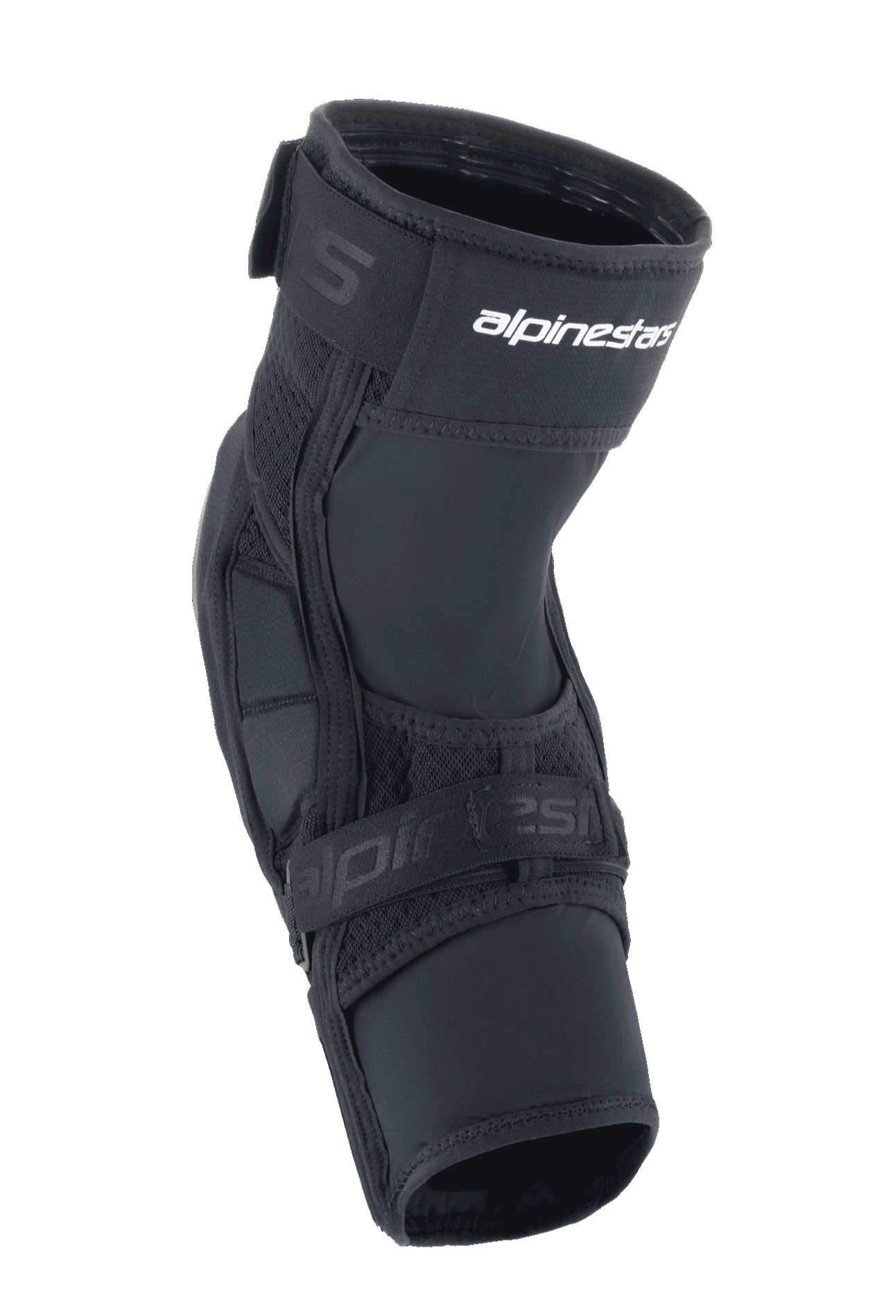 Ochraniacze kolan Alpinestars A-Impact Plasma Elite Shield, sprzęt ochronny MTB, czarne z białym logo, wstępnie zakrzywiona ergonomiczna konstrukcja, zapięcie na dwa paski i oddychające panele z siateczki do kolarstwa górskiego