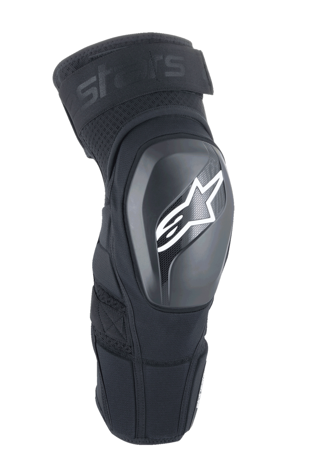 Alpinestars A-Impact Plasma Elite Shield, ochraniacze na kolana, czarne z białym logo gwiazdy, twarda zewnętrzna skorupa TPU, tkanina siatkowa z regulowanym górnym paskiem, wstępnie zakrzywiony ergonomiczny kształt, ochrona do MTB i off-road