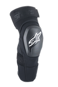 Alpinestars A-Impact Plasma Elite Shield, ochraniacze na kolana, czarne z białym logo gwiazdy, twarda zewnętrzna skorupa TPU, tkanina siatkowa z regulowanym górnym paskiem, wstępnie zakrzywiony ergonomiczny kształt, ochrona do MTB i off-road