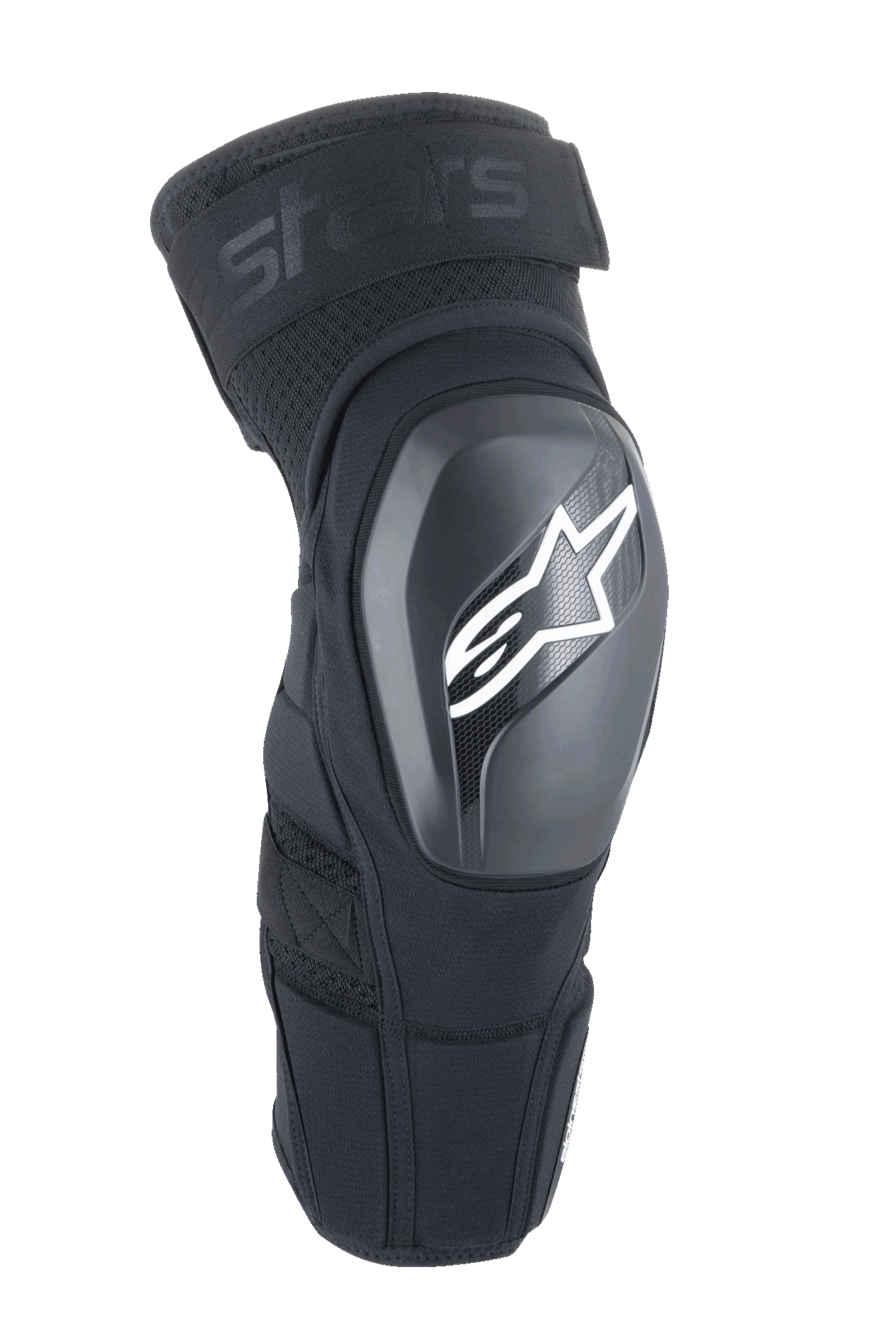 Alpinestars A-Impact Plasma Elite Shield, ochraniacze na kolana, czarne z białym logo gwiazdy, twarda zewnętrzna skorupa TPU, tkanina siatkowa z regulowanym górnym paskiem, wstępnie zakrzywiony ergonomiczny kształt, ochrona do MTB i off-road