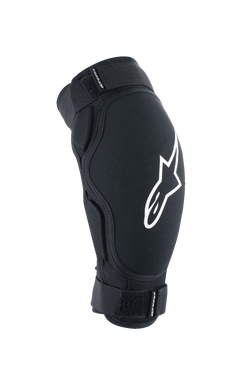 Alpinestars A-Impact Plasma Pro Elbow Protector, MTB Protective Gear, Black with white logo, featuring dual adjustable Velcro straps and an ergonomic pre-curved design