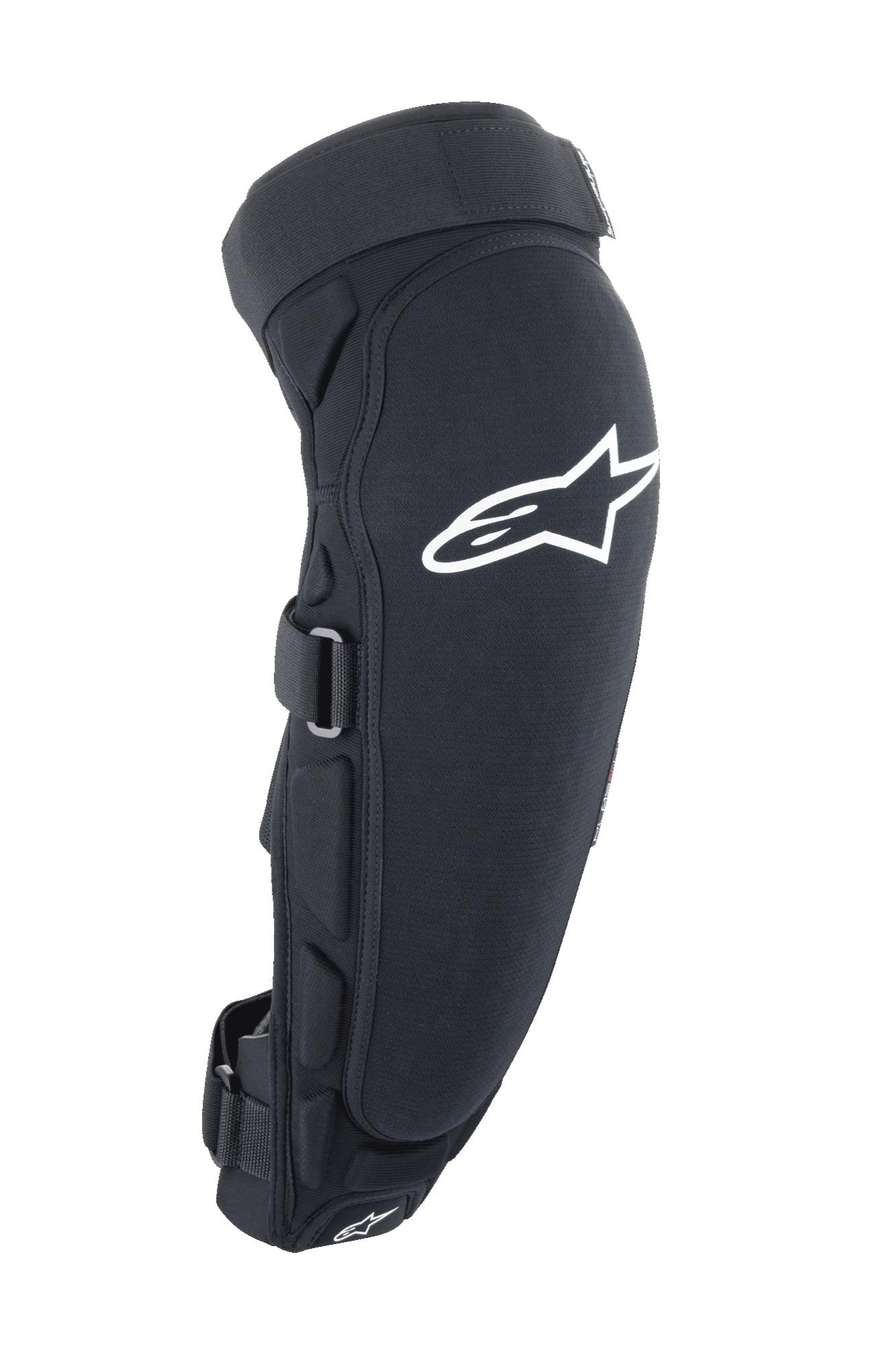 Alpinestars A-Impact Plasma Pro Knee Shin Protector, czarno-biały, widok z boku z dużym białym logo Astar, boczne wyściółki i bezpieczny system zapięcia na paski, ochrona do jazdy terenowej na rowerze