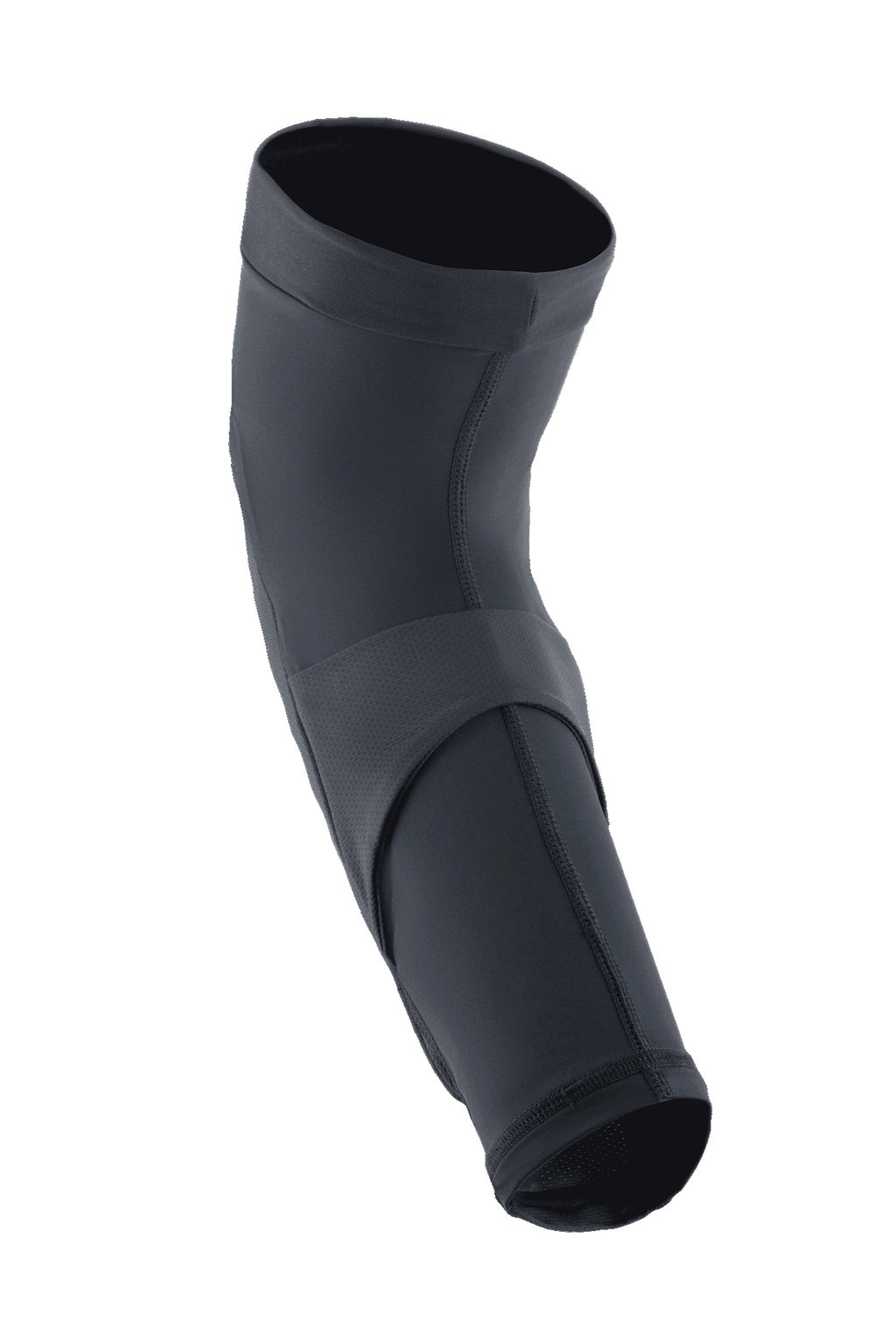 Alpinestars A-Motion Plasma Pro Elbow Protector, Black, slip-on MTB elbow guard with breathable stretch mesh, central compression band, and pre-curved ergonomic design for cycling