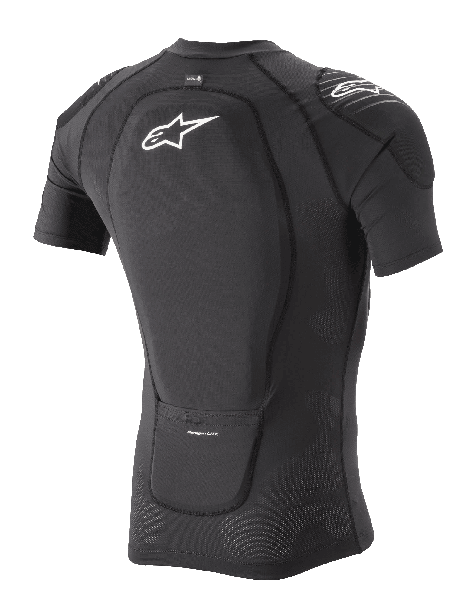 Alpinestars Paragon Lite Protection Jacket - Short Sleeve, czarna, widok z tyłu pod kątem trzech czwartych ukazujący zintegrowany ochraniacz pleców i konstrukcję z oddychającej siatki stretch, białe logo Alpinestars na plecach i ramieniu, lekka odzież ochronna na rower górski