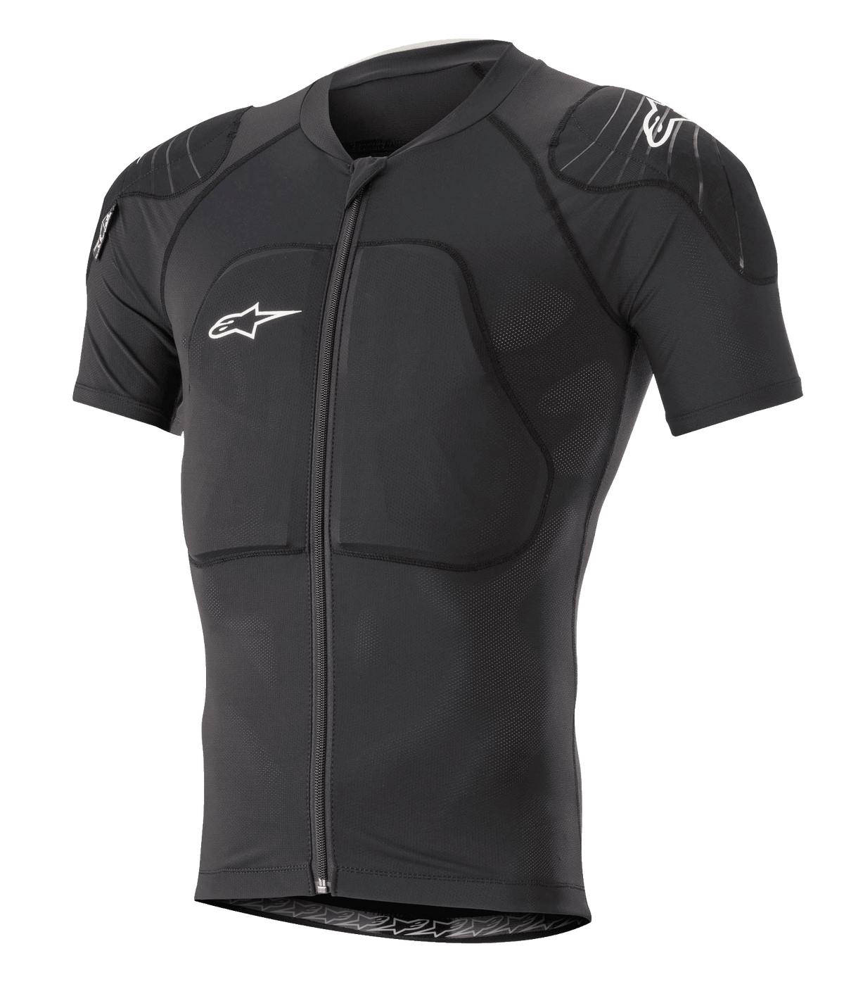 Alpinestars Paragon Lite Protection Jacket Short Sleeve, czarna kurtka ochronna na rower górski MTB, zintegrowane ochraniacze ramion i klatki piersiowej, zamek z przodu, oddychająca siateczka, białe logo Alpinestars, dopasowany krój do jazdy trailowej