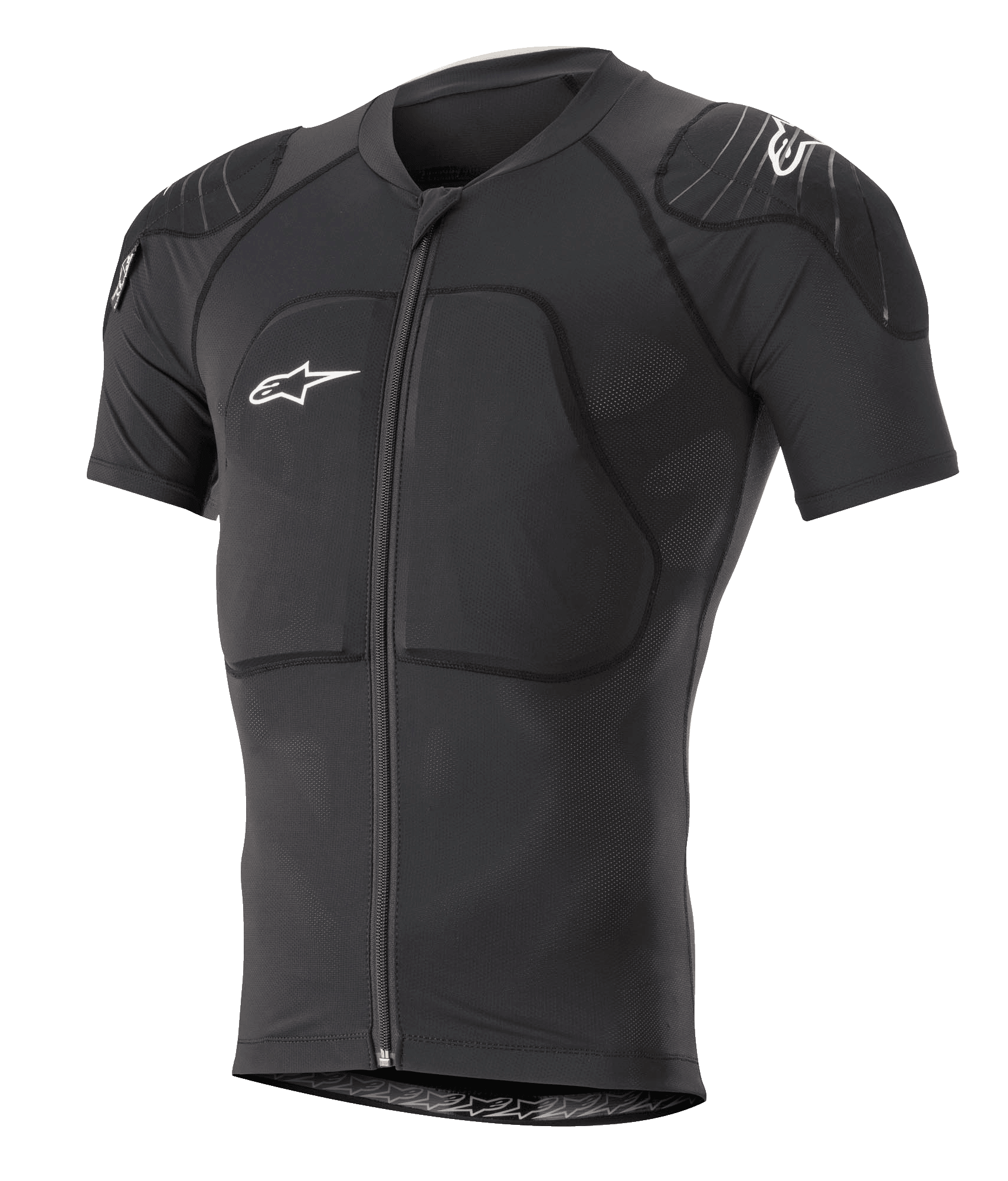 Alpinestars Paragon Lite Protection Jacket Short Sleeve, czarna kurtka ochronna na rower górski MTB, zintegrowane ochraniacze ramion i klatki piersiowej, zamek z przodu, oddychająca siateczka, białe logo Alpinestars, dopasowany krój do jazdy trailowej