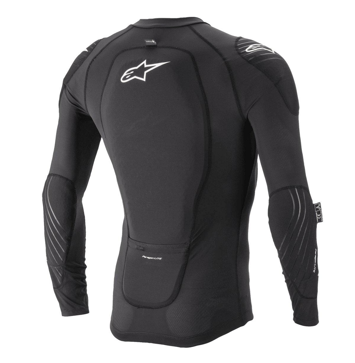 Alpinestars Paragon Lite Protection Jacket - Long Sleeve, czarna kurtka ochronna, widok z tyłu z zintegrowanym ochraniaczem pleców i białym logo Astar, oddychająca konstrukcja z siatki z ochroną łokci i ramion, lekka zbroja rowerowa MTB