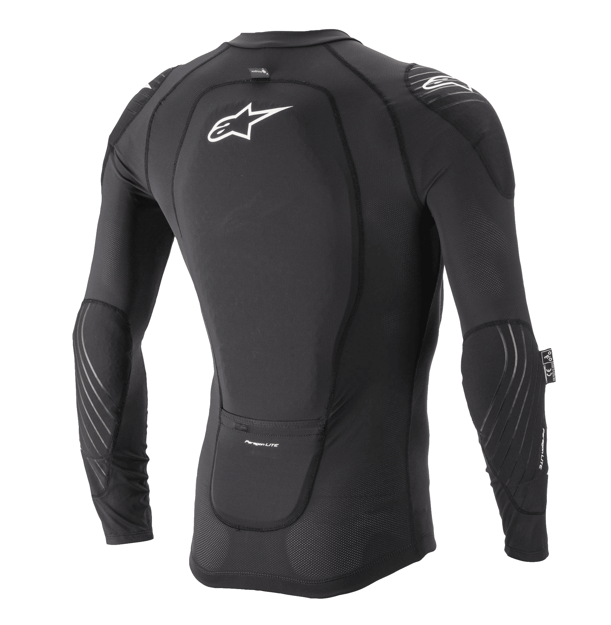 Alpinestars Paragon Lite Protection Jacket - Long Sleeve, czarna kurtka ochronna, widok z tyłu z zintegrowanym ochraniaczem pleców i białym logo Astar, oddychająca konstrukcja z siatki z ochroną łokci i ramion, lekka zbroja rowerowa MTB