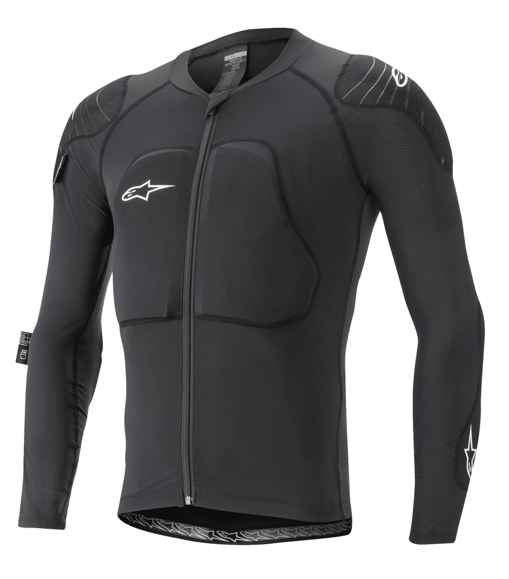 Alpinestars Paragon Lite Protection Jacket - Long Sleeve, zbroja MTB, czarna, oddychająca siatkowa konstrukcja z wyściełaną klatką piersiową i ramionami, zamek z przodu, białe logo z gwiazdą na piersi, lekki i dopasowany krój