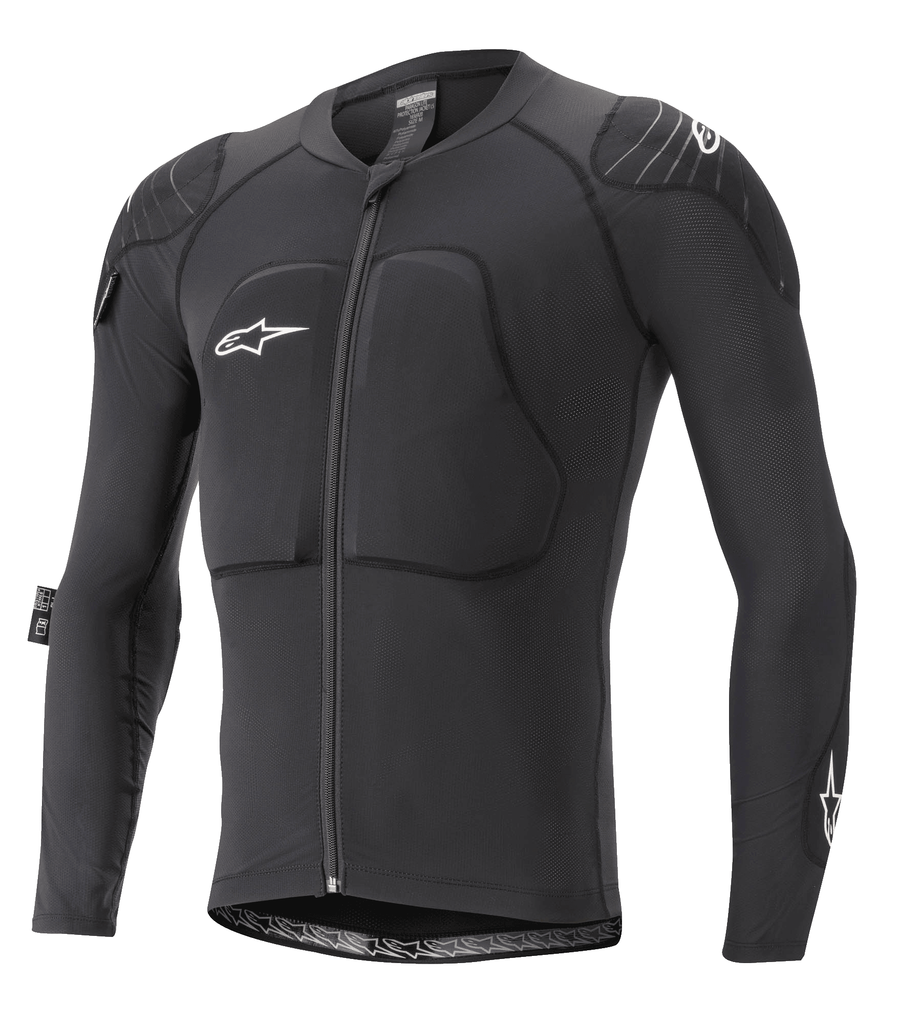 Alpinestars Paragon Lite Protection Jacket - Long Sleeve, zbroja MTB, czarna, oddychająca siatkowa konstrukcja z wyściełaną klatką piersiową i ramionami, zamek z przodu, białe logo z gwiazdą na piersi, lekki i dopasowany krój