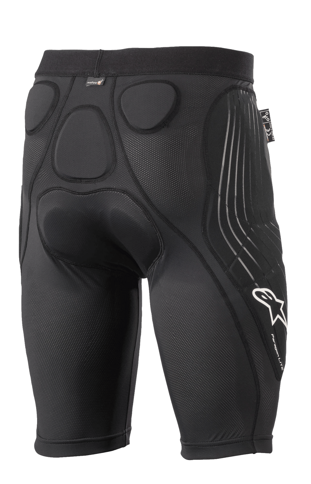 Alpinestars Paragon Lite Protection Shorts, czarne spodenki ochronne, widok z tyłu, zintegrowane ochraniacze z pianki z pamięcią kształtu na biodrach i kości ogonowej, oddychająca siateczkowa konstrukcja, białe logo Alpinestars i napis Paragon Lite na nogawce, lekka rowerowa odzież ochronna