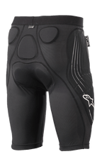 Alpinestars Paragon Lite Protection Shorts, czarne spodenki ochronne, widok z tyłu, zintegrowane ochraniacze z pianki z pamięcią kształtu na biodrach i kości ogonowej, oddychająca siateczkowa konstrukcja, białe logo Alpinestars i napis Paragon Lite na nogawce, lekka rowerowa odzież ochronna