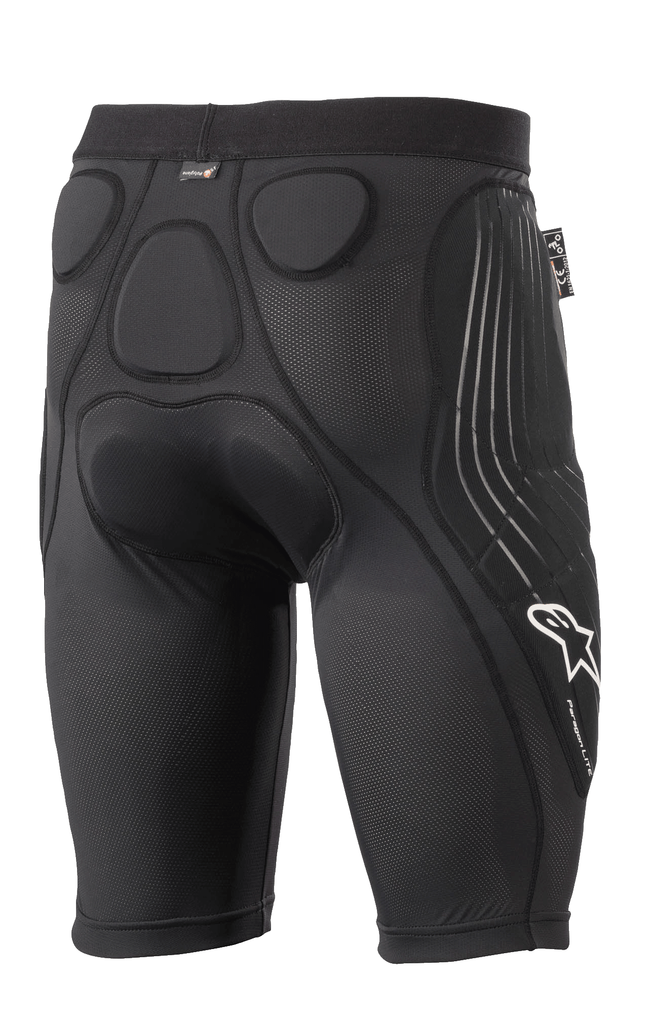 Alpinestars Paragon Lite Protection Shorts, czarne spodenki ochronne, widok z tyłu, zintegrowane ochraniacze z pianki z pamięcią kształtu na biodrach i kości ogonowej, oddychająca siateczkowa konstrukcja, białe logo Alpinestars i napis Paragon Lite na nogawce, lekka rowerowa odzież ochronna