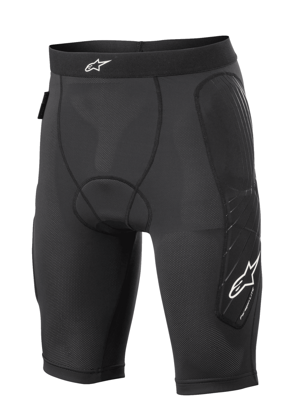 Alpinestars Paragon Lite Protection Shorts, spodenki ochronne MTB, czarne, lekka oddychająca konstrukcja z perforowanej siatki, ochraniacze bioder i boku nóg, białe logo na pasie i nogawce, krój kompresyjny