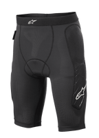 Alpinestars Paragon Lite Protection Shorts, spodenki ochronne MTB, czarne, lekka oddychająca konstrukcja z perforowanej siatki, ochraniacze bioder i boku nóg, białe logo na pasie i nogawce, krój kompresyjny