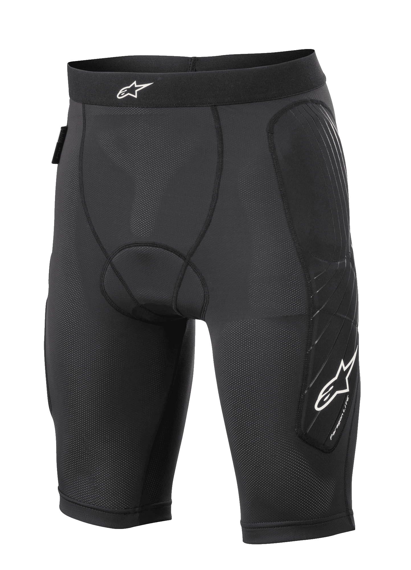 Alpinestars Paragon Lite Protection Shorts, spodenki ochronne MTB, czarne, lekka oddychająca konstrukcja z perforowanej siatki, ochraniacze bioder i boku nóg, białe logo na pasie i nogawce, krój kompresyjny