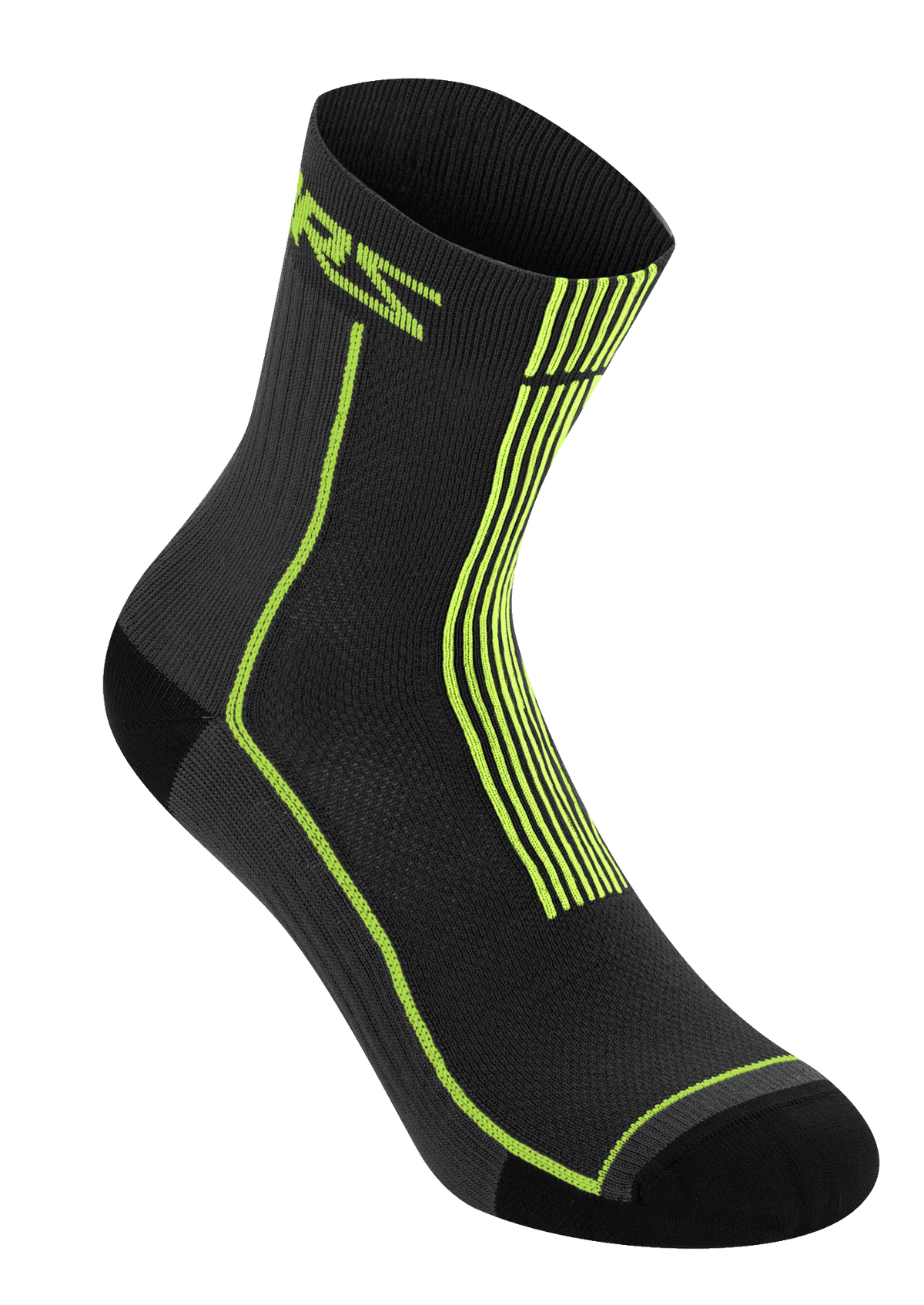 Alpinestars Summer Socks 15, Black and Acid Yellow, lightweight ribbed cycling socks, featuring neon yellow ASTARS branding and vertical stripes on the heel, breathable mesh construction for hot weather MTB riding