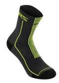 Alpinestars Summer Socks 15, lekkie żebrowane skarpety rowerowe w kolorze czarnym i neonowożółtym (Acid Yellow), z logo ASTARS i pionowymi paskami na pięcie, oddychająca konstrukcja z siatki do jazdy MTB w upalne dni