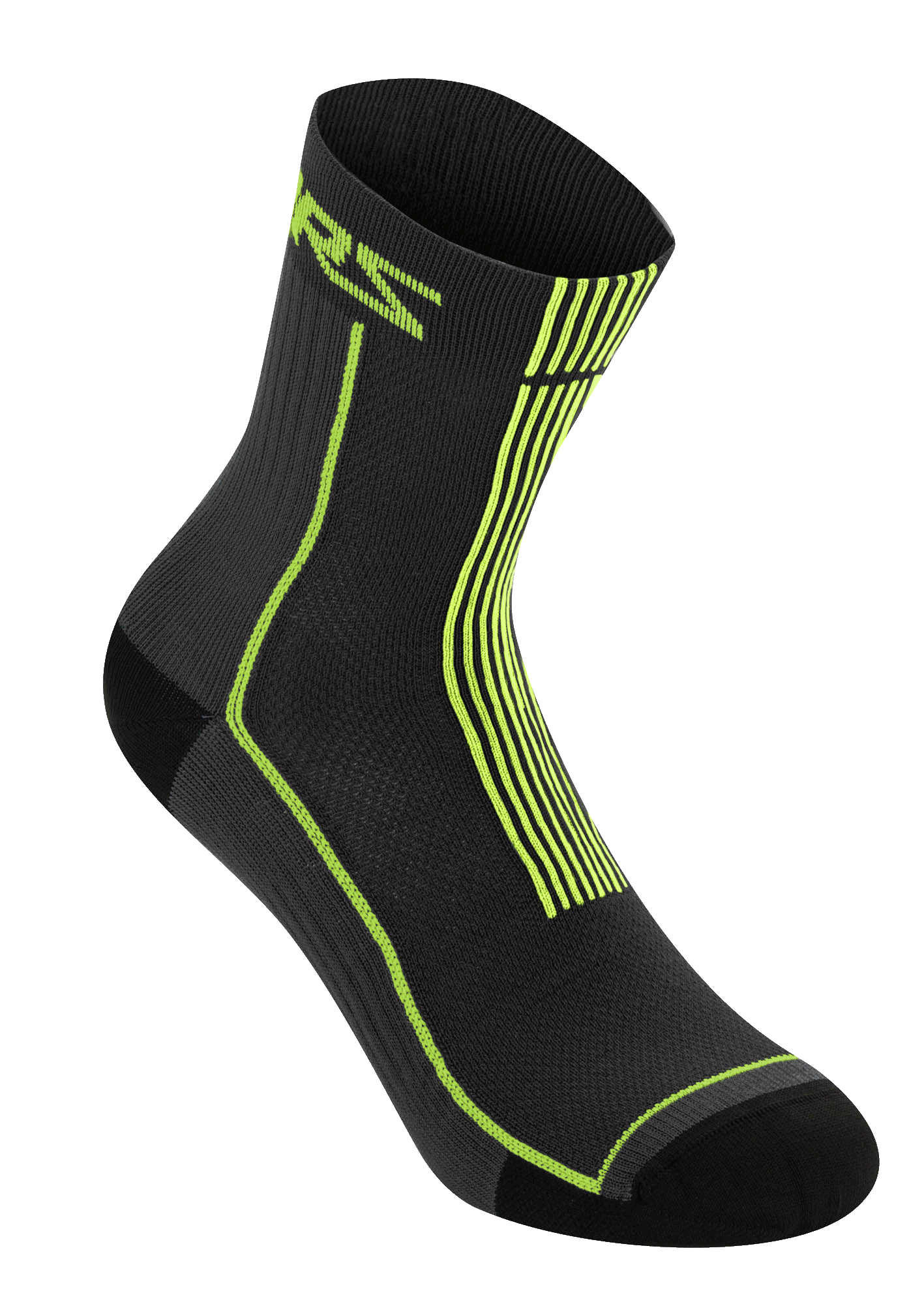 Alpinestars Summer Socks 15, lekkie żebrowane skarpety rowerowe w kolorze czarnym i neonowożółtym (Acid Yellow), z logo ASTARS i pionowymi paskami na pięcie, oddychająca konstrukcja z siatki do jazdy MTB w upalne dni