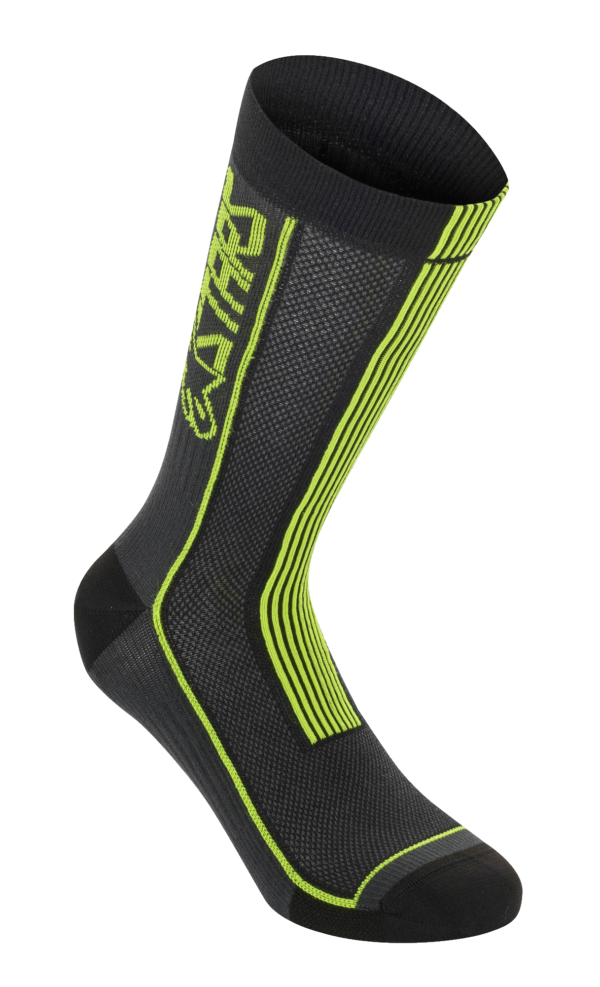 Alpinestars Summer Socks, skarpety rowerowe, czarne z jaskrawożółtymi (Acid Yellow) elementami, z pionowymi neonowożółtymi paskami i brandingiem ASTARS, oddychająca konstrukcja z siateczki z prążkowanym ściągaczem, wzmocnione palce i pięta, lekka odzież wyczynowa do kolarstwa górskiego.