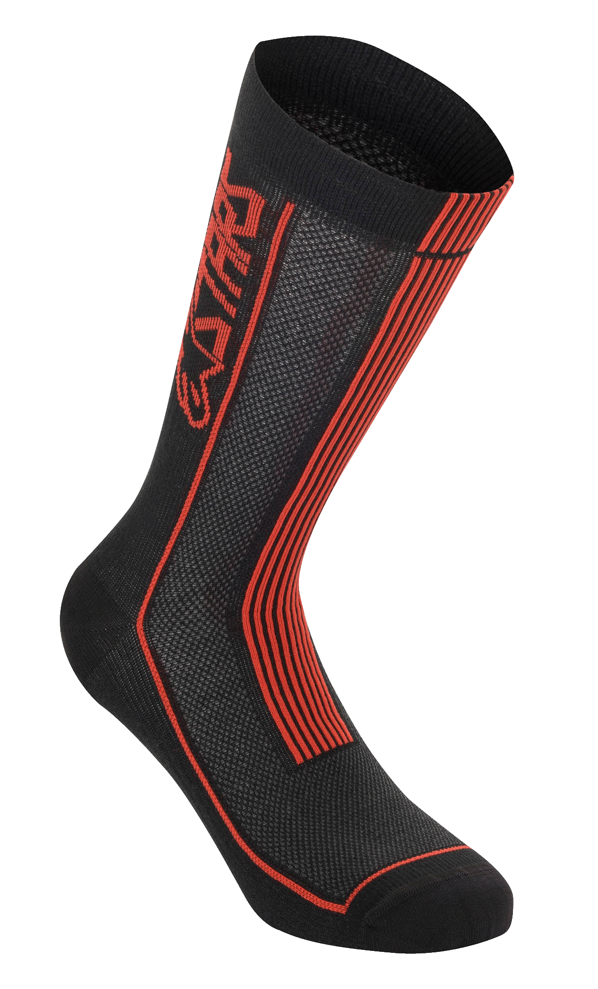 Alpinestars Summer Socks, skarpety rowerowe, czarne z jaskrawoczerwonymi elementami, pionowe logo Astars i czerwone paski, dzianinowa siatka dla optymalnego przepływu powietrza, żebrowana konstrukcja zapewniająca elastyczność, profesjonalne skarpety na upalne dni