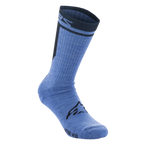 Alpinestars Merino Socks 24, skarpety rowerowe, niebiesko-czarne, techniczna konstrukcja z wełny merynosowej z czarnym logo Alpinestars na podbiciu, długość do połowy łydki z ciemnym prążkowanym ściągaczem i oznaczeniem marki