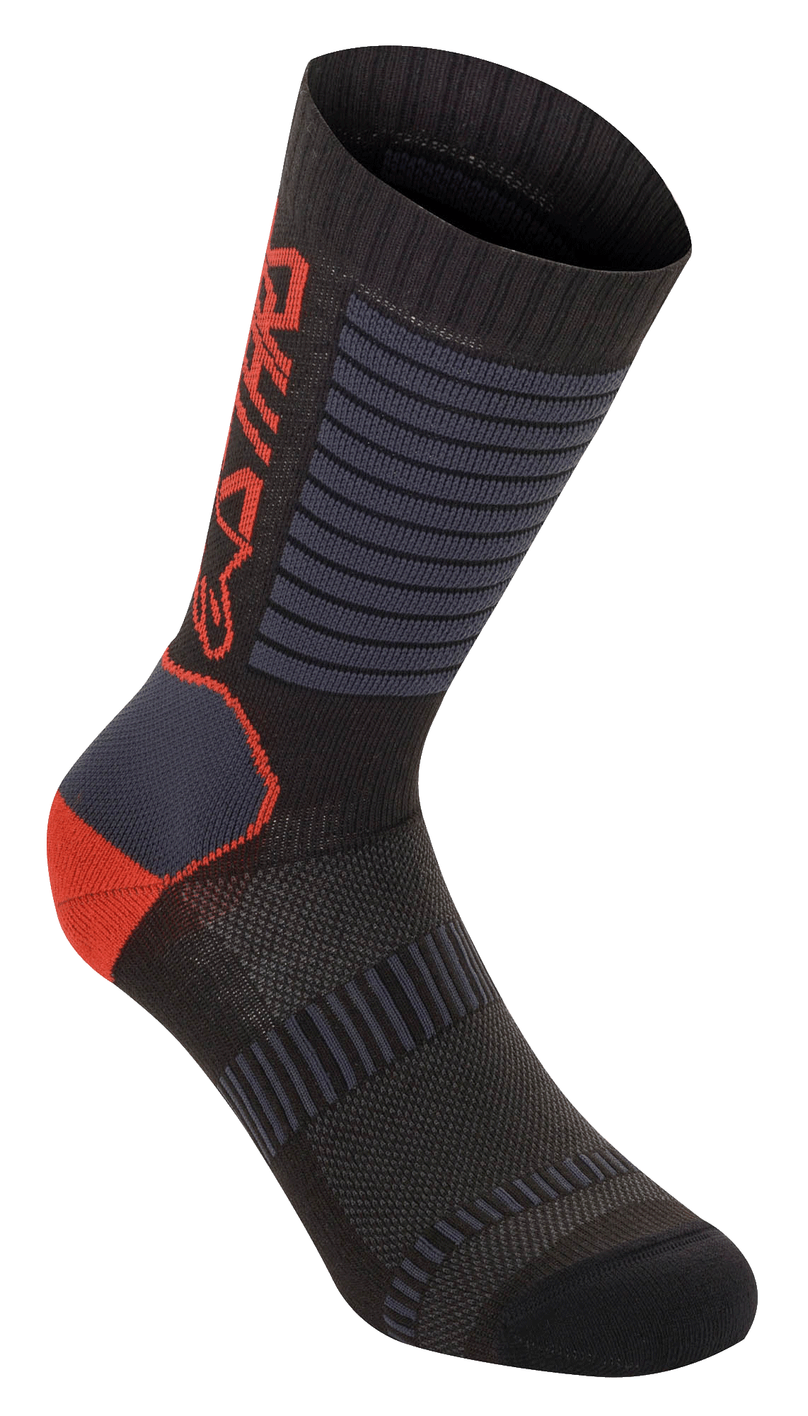 Alpinestars Paragon Lite Socks 19, techniczne skarpety rowerowe, czarne z jaskrawoczerwonymi i szarymi akcentami, długość 19 cm do połowy łydki, oddychające panele z siatki, żebrowana tekstura zapewniająca elastyczność i wzmocniona pięta