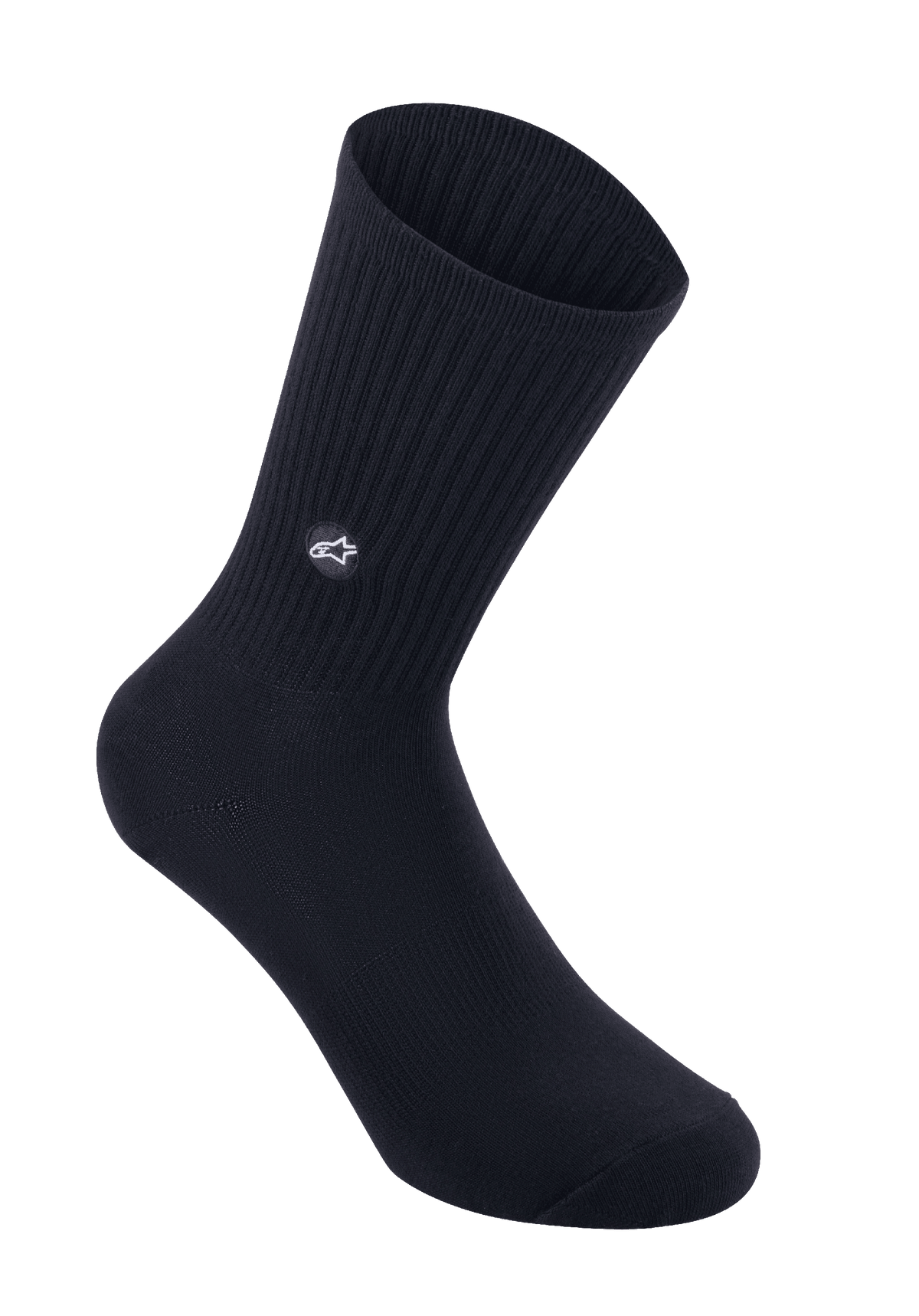 Alpinestars Alps Crew Socks, skarpety rowerowe, czarne, żebrowany ściągacz na łydce z haftowaną naszywką z logo gwiazdy, klasyczny styl crew do jazdy MTB i szosowej