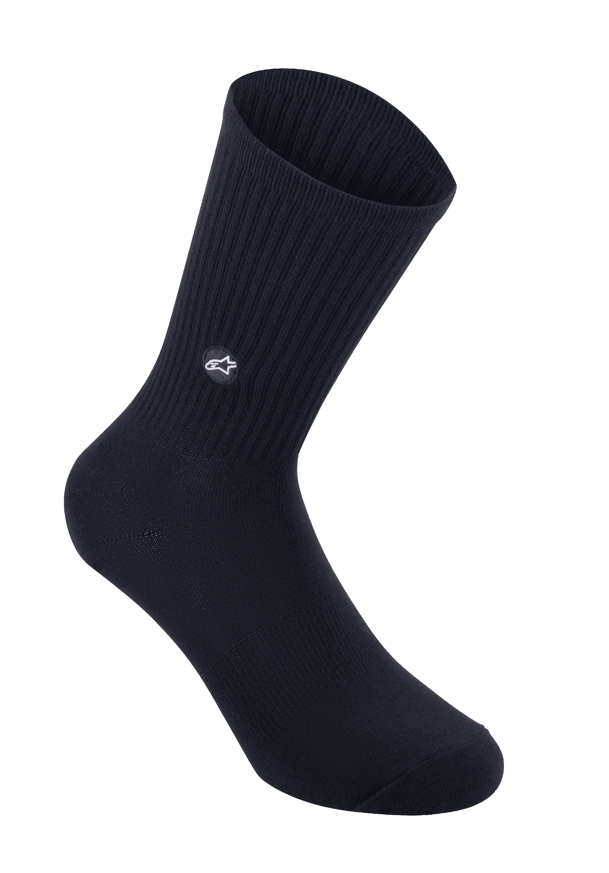 Alpinestars Alps Crew Socks, skarpety rowerowe, czarne, żebrowany ściągacz na łydce z haftowaną naszywką z logo gwiazdy, klasyczny styl crew do jazdy MTB i szosowej
