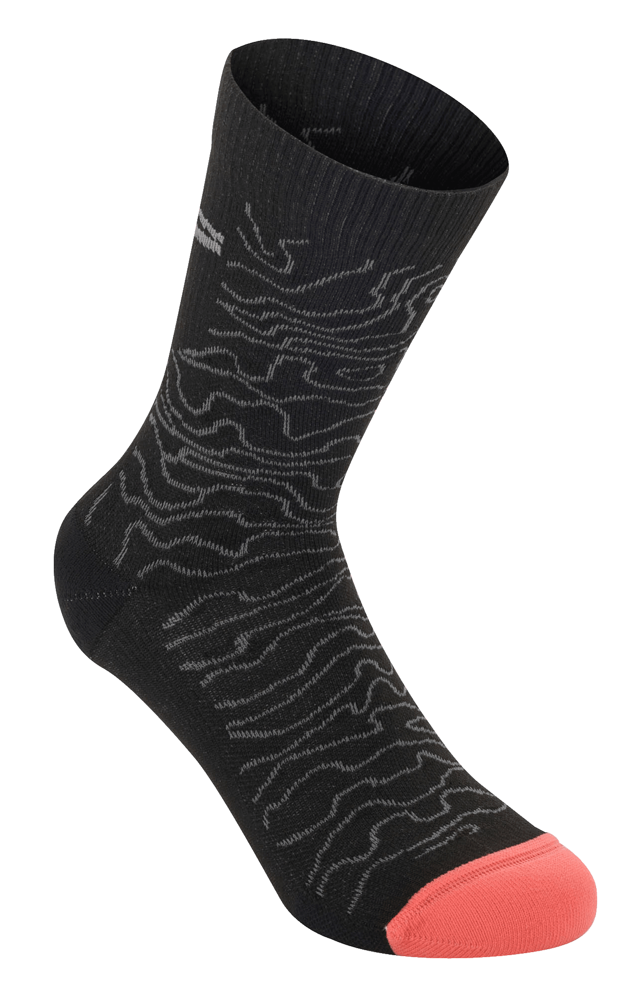 Alpinestars Drop Socks 15, wydajne skarpety rowerowe, czarno-szare z koralowo-pomarańczowymi palcami, z topograficznym falistym wzorem i prążkowanym mankietem, lekka siateczkowa konstrukcja do jazdy MTB i terenowej
