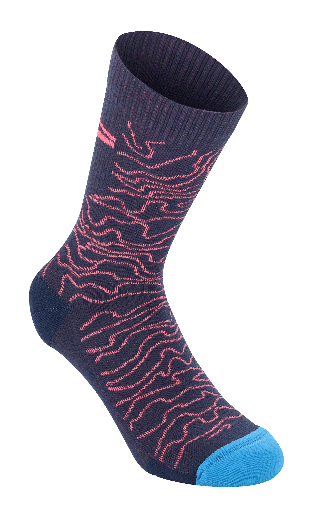 Alpinestars Drop Socks 15, wyczynowe skarpety rowerowe do połowy łydki, granatowe z koralowym falistym wzorem i jasnoniebieskimi palcami, prążkowana tekstura u góry