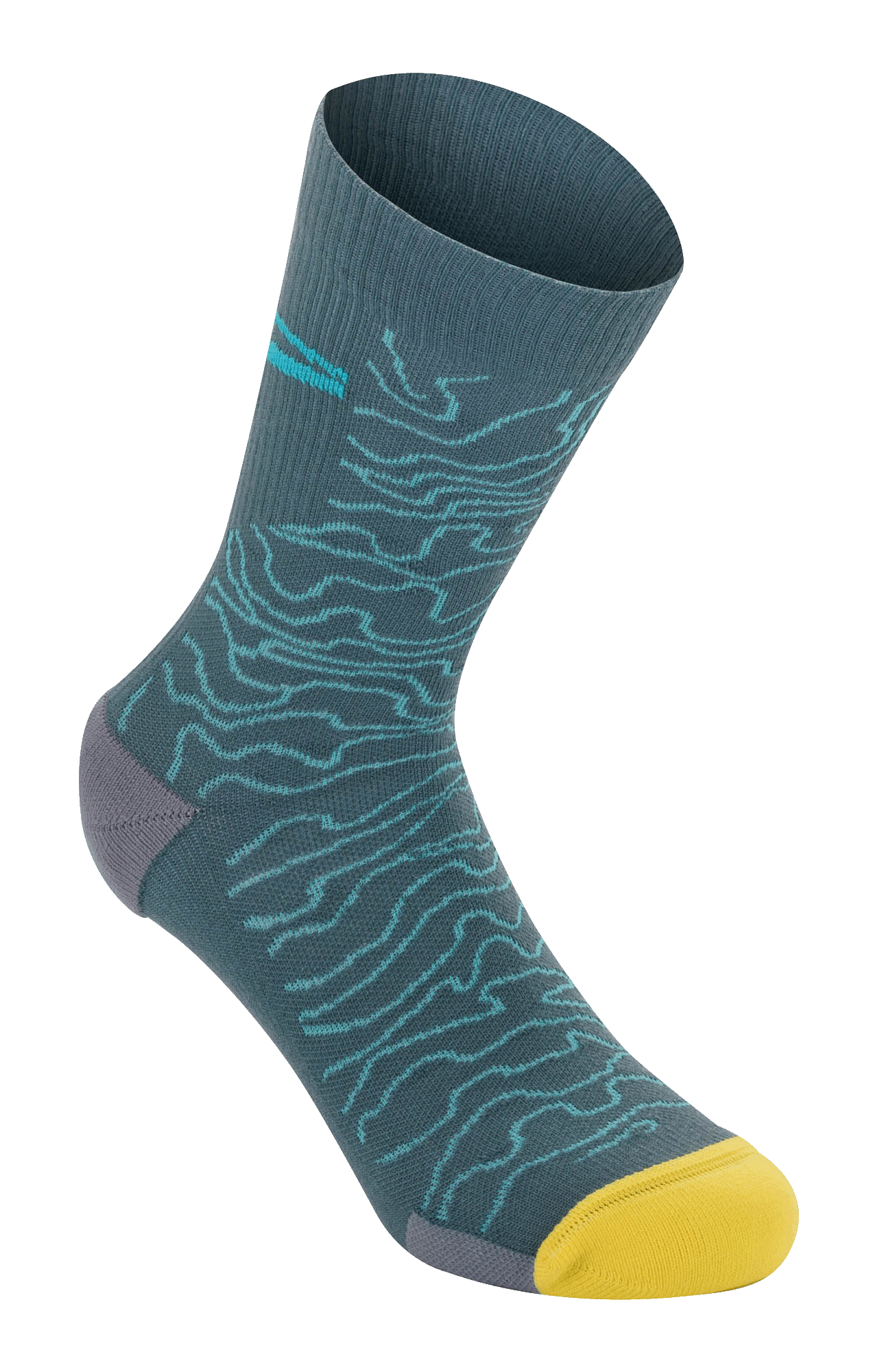 Alpinestars Drop Socks 15, skarpety MTB, niebieskie Atlantic Ceramic z jasnoniebieskim wzorem topograficznym, jaskrawożółte palce i szara pięta, prążkowana tekstura, lekkie, wydajne skarpety rowerowe
