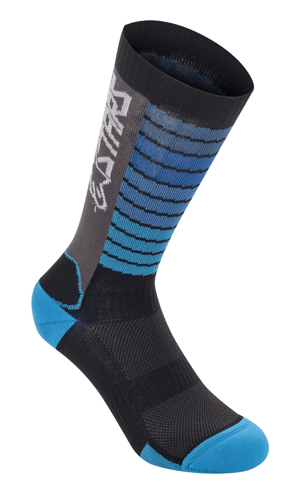 Alpinestars Drop Socks, skarpety sportowe unisex, czarne z niebieskimi i szarymi akcentami, nowoczesny wzór w paski, oddychająca elastyczna tkanina