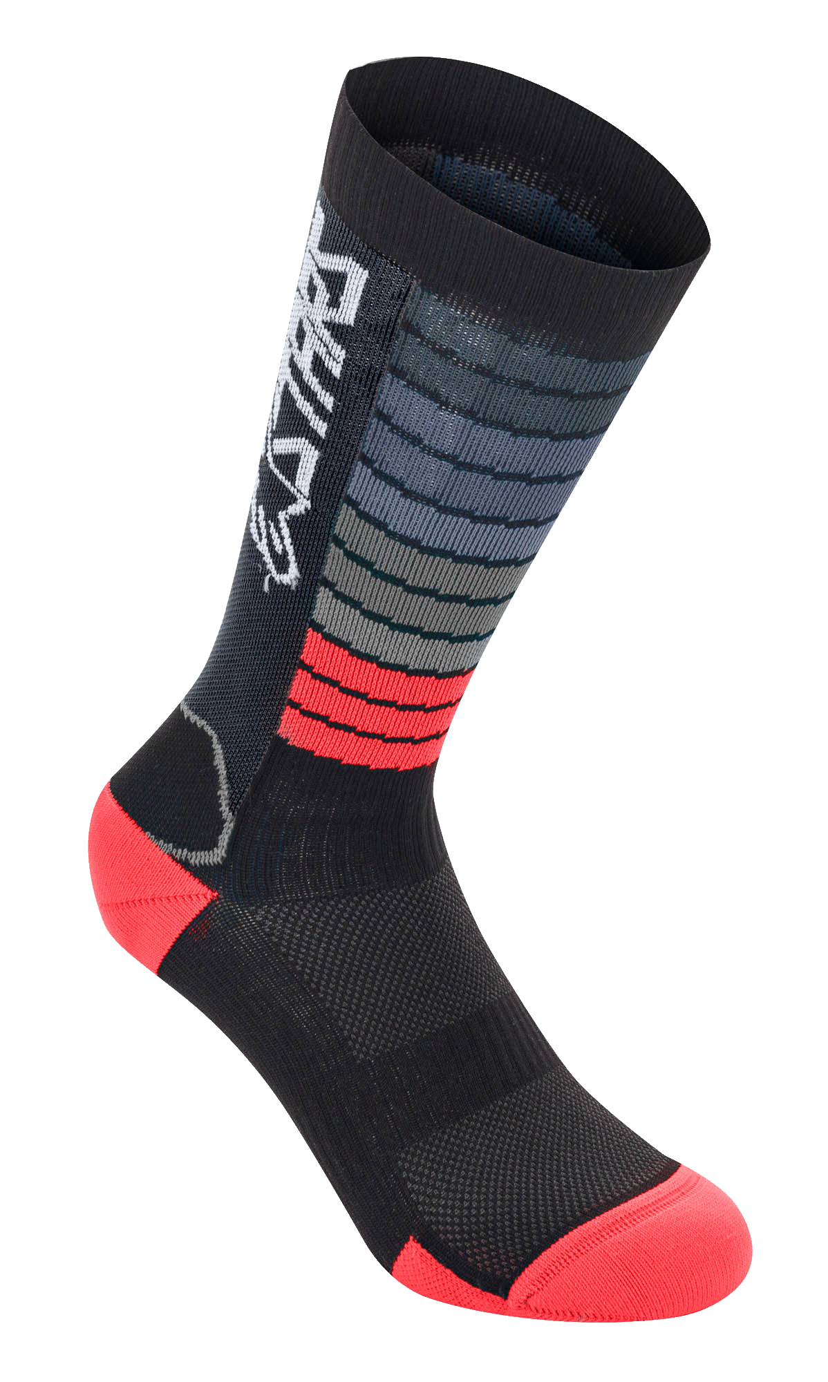Alpinestars Drop Socks, skarpety rowerowe, czarno-czerwone, z poziomymi szarymi i czerwonymi paskami, białe logo Astars na ściągaczu, wzmocniona pięta i palce, siateczkowa konstrukcja MTB