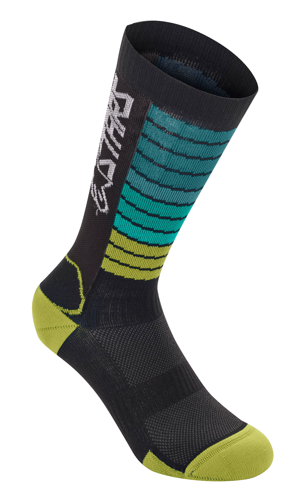 Alpinestars Drop Socks, skarpety rowerowe MTB, czarne z gradientowymi pasami w kolorze morskim i limonkowym, żółto-zielone palce i pięta, białe logo Astars i oddychająca struktura siateczkowa