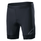 Alpinestars Alps Inner Shorts, czarne wewnętrzne spodenki kolarskie ze zintegrowaną wyściełaną wkładką, elastyczny pas, odblaskowe logo Astars na dole lewej nogawki, rozciągliwy materiał syntetyczny zapewniający wydajność i odprowadzanie wilgoci
