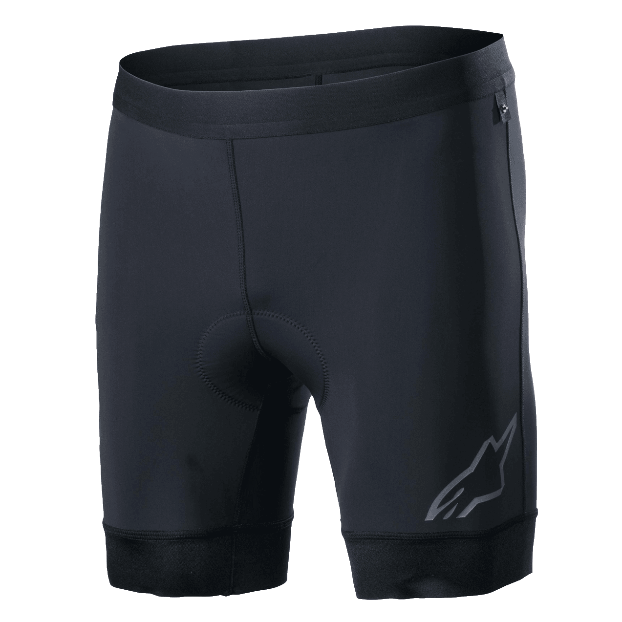 Alpinestars Alps Inner Shorts, czarne wewnętrzne spodenki kolarskie ze zintegrowaną wyściełaną wkładką, elastyczny pas, odblaskowe logo Astars na dole lewej nogawki, rozciągliwy materiał syntetyczny zapewniający wydajność i odprowadzanie wilgoci