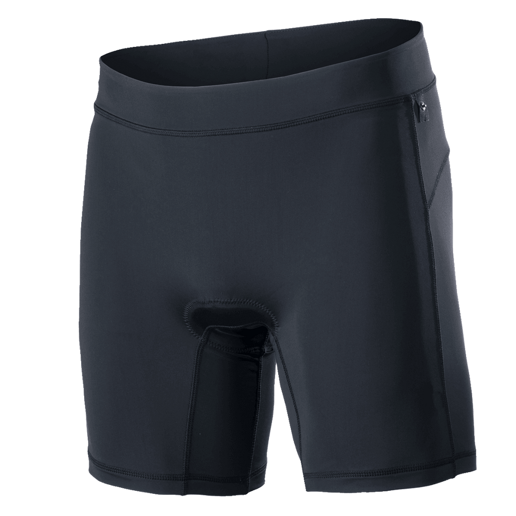 Alpinestars Drop Inner Shorts, czarne spodenki wewnętrzne do kolarstwa górskiego ze zintegrowaną wkładką, szeroki elastyczny pas, ergonomiczny kompresyjny krój, oddychający i szybkoschnący materiał do jazdy trail i enduro