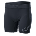 Alpinestars Stella Drop Inner Shorts, damska rowerowa warstwa bazowa, czarne dopasowane spodenki kompresyjne ze skrzyżowanym pasem, szare logo Alpinestars na nogawce, elastyczny materiał odprowadzający wilgoć do MTB i Enduro