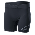 Alpinestars Stella Drop Inner Shorts, damska rowerowa warstwa bazowa, czarne dopasowane spodenki kompresyjne ze skrzyżowanym pasem, szare logo Alpinestars na nogawce, elastyczny materiał odprowadzający wilgoć do MTB i Enduro