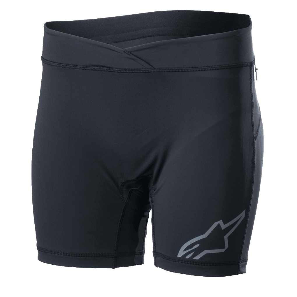 Alpinestars Stella Drop Inner Shorts, damska rowerowa warstwa bazowa, czarne dopasowane spodenki kompresyjne ze skrzyżowanym pasem, szare logo Alpinestars na nogawce, elastyczny materiał odprowadzający wilgoć do MTB i Enduro