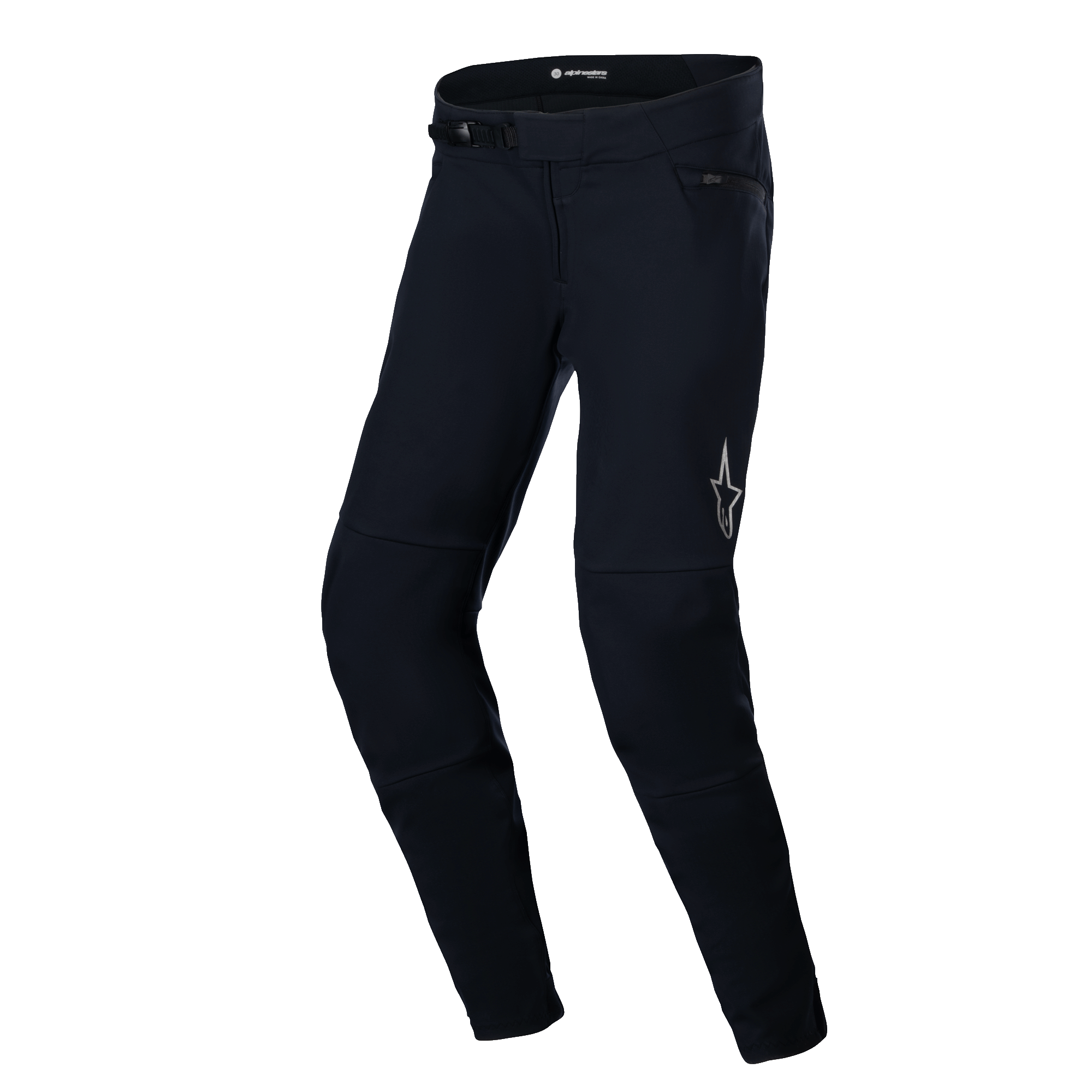 Alpinestars A-Dura Thermal Pant, spodnie rowerowe MTB, czarne, z wytrzymałą nylonową powłoką i systemem zapięcia na zapadkę, odblaskowe logo gwiazdy na lewym udzie, anatomicznie profilowany krój zapewniający komfort jazdy w terenie