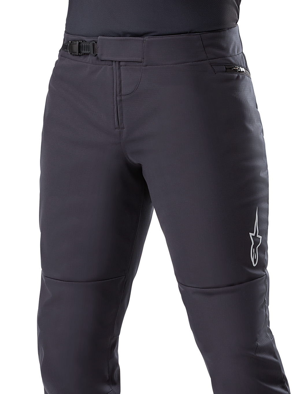 Alpinestars A-Dura Thermal Pant, czarne spodnie MTB, z bezpiecznym zapięciem na zapadkę w pasie i kieszenią na biodrze zapinaną na zamek, białe logo gwiazdy z boku, profilowany krój zapewniający komfort jazdy, trwały materiał termiczny do jazdy w chłodne dni