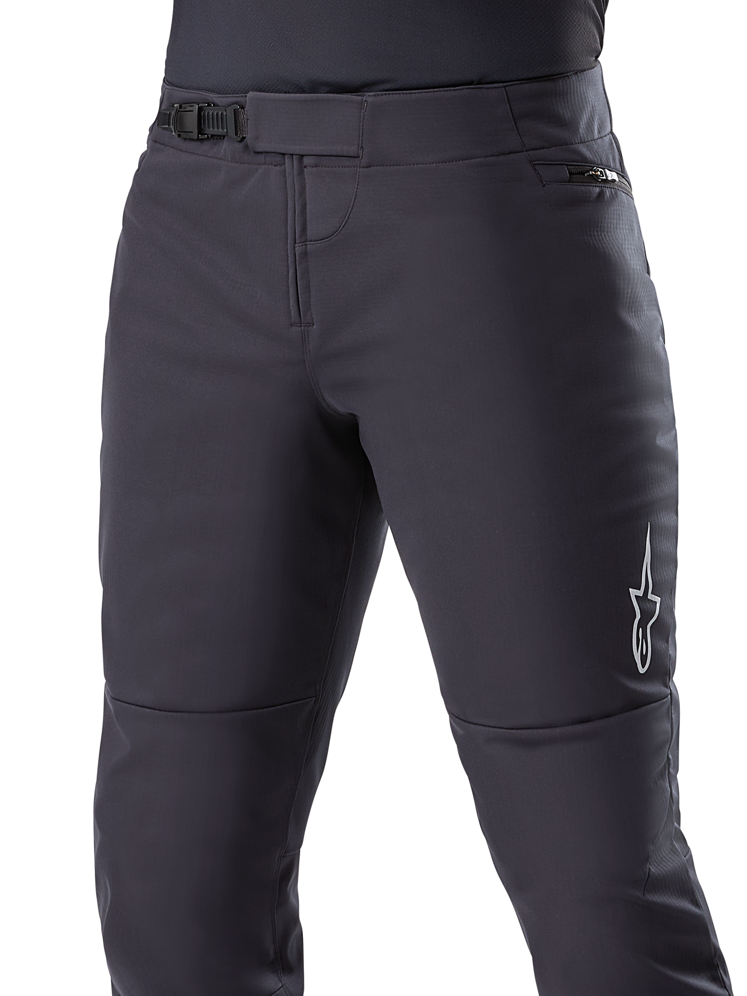 Alpinestars A-Dura Thermal Pant, czarne spodnie MTB, z bezpiecznym zapięciem na zapadkę w pasie i kieszenią na biodrze zapinaną na zamek, białe logo gwiazdy z boku, profilowany krój zapewniający komfort jazdy, trwały materiał termiczny do jazdy w chłodne dni