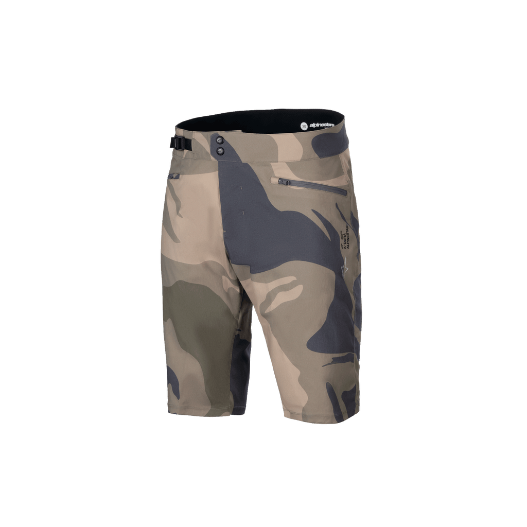 Alpinestars A-Dura Camo Liner Shorts, Men's MTB Cycling Shorts, Camo and Brown, durable 2-way stretch fabric with zippered mesh-lined pockets and adjustable side waist cinch
